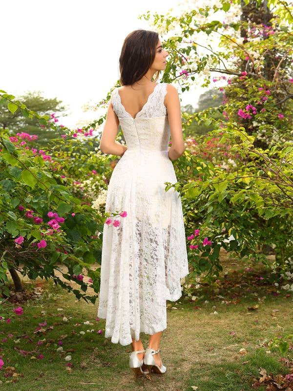 Wholesale A-Line/Princess V-neck Lace Sleeveless High Low Lace Bridesmaid Dresses